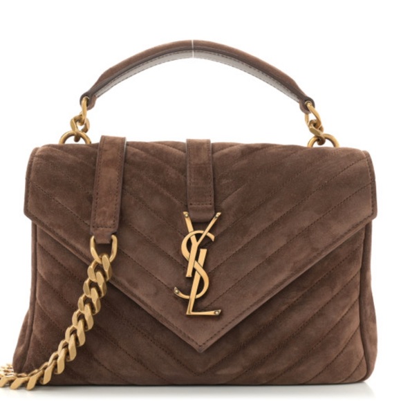 Saint Laurent Suede Matelasse Chevron Monogram Medium College Bag Bark Brown EUC - Picture 1 of 12